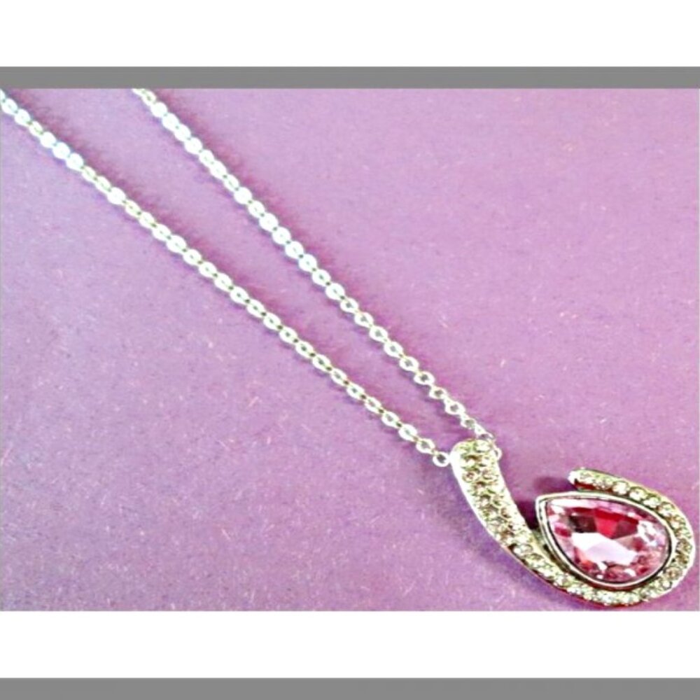 Silver Tone Birthstone Design Necklace With Purple & Clear Crystals Stylish Look